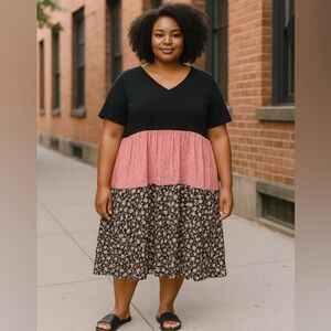 Sason Curve Black and Pink Ruffled Tiered Midi Sundress